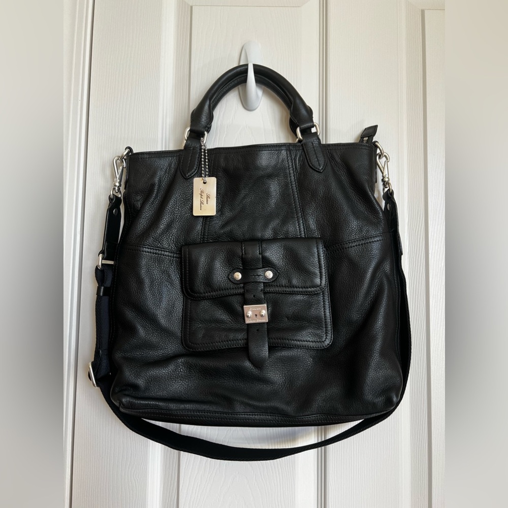 Ralph Lauren Pebbled Black Leather Convertible Shopper/XBody Tote/Handbag.